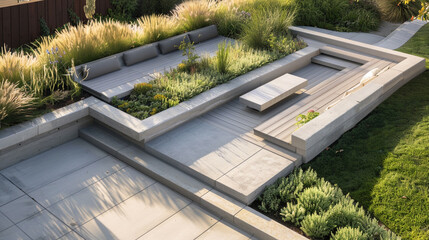 A contemporary backyard patio with a minimalist design, featuring a smooth, poured concrete surface...