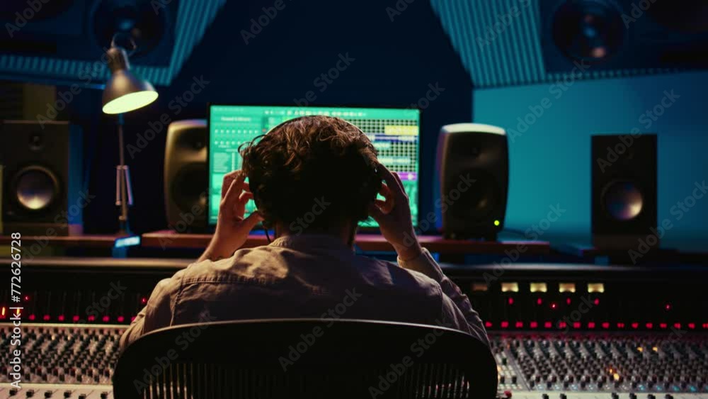 Fototapete Mixer producer develops audio by editing recordings and integrating additional sounds using buttons on mixing console. Engineer in sound design uses motorized faders at production studio. Camera B.