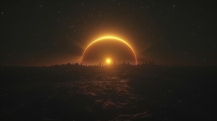 Sci-fi Scene of a Sunrise with a Solar Eclipse Over a City Skyline, A Fantasy Depiction with Cinematic Flare