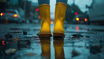 feet in rubber boots rain puddle, fun in the rain, lifestyle cinematic lighting, volumetric lighting, ray tracing, ultra - detailed, intricate details, movie scene, vibrant colors, intricate design, H