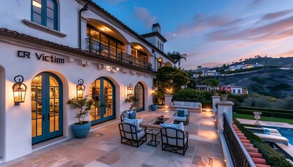 Obraz premium Stunning Los Angeles Mansion with back patio, elegant garden landscaping, pool area, fountain, balcony overlooking hills and breathtaking sunset views
