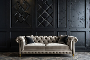 A contemporary living room with a luxurious black wall pattern, the texture creating a dramatic...