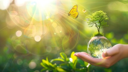Earth crystal glass globe ball and growing tree in human hand, flying yellow butterfly on green sunny background.