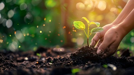 Hands of farmer growing and nurturing tree growing on fertile soil with green and yellow bokeh background - obrazy, fototapety, plakaty