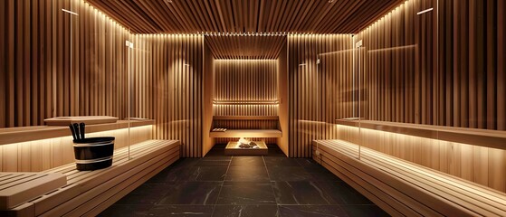 Wooden sauna room with cozy seating & ambient lighting. Relaxation steam lounge room, luxury spa treatment.