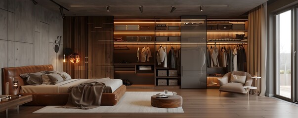 Interior of a modern ultra luxurious bedroom and dressing room. Interior design of a bedroom and luxurious dressing room. Generative AI