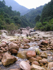 Scenic view of Furong Valley, Huangshan Mountain, Anhui Province, China. Furong Valley is 10 kilometers long, with dense virgin forest and clear water, and is called 