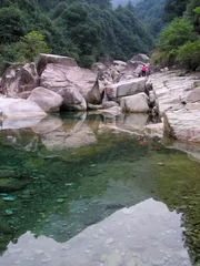 Papier Peint photo autocollant Monts Huang Scenic view of Furong Valley, Huangshan Mountain, Anhui Province, China. Furong Valley is 10 kilometers long, with dense virgin forest and clear water, and is called "spring Canyon".
