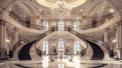 grand double staircase with crystal chandelier and white marble floors. architectural interior design of a luxury house. tall ceilings, central balcony and large glass windows. - obrazy, fototapety, plakaty