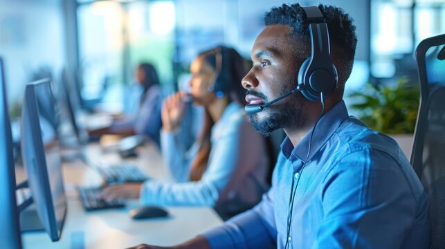 selective focus of african american man in headphones using computer in call center