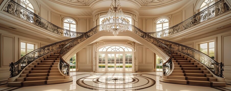 grand double staircase with crystal chandelier and white marble floors. architectural interior design of a luxury house. tall ceilings, central balcony and large glass windows.