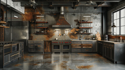 A kitchen that showcases a fusion of industrial and luxury design, with polished concrete floors, a dramatic metal range hood, and custom cabinetry that combines metal and wood for a unique,  - obrazy, fototapety, plakaty