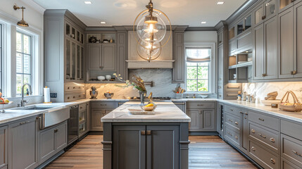 A kitchen that marries tradition with modern flair, showcasing shaker-style cabinets painted in a contemporary hue, marble countertops, and a bespoke island that serves as the focal point of the room. - obrazy, fototapety, plakaty