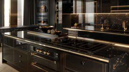 A lavish kitchen design with a sleek, all-black theme, accented by gold hardware, featuring an innovative island with a tiered breakfast bar and advanced induction cooktops,