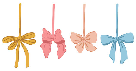 Hanging ribbon bow collection. Cute hand drawing elements. Coquette aesthetic bows set. Cartoon drawn colorful vector illustration isolated on white 