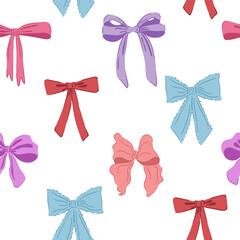 Bow ribbon seamless pattern. Cute hand drawing wallpaper. Coquette aesthetic bows. Cartoon drawn colorful vector illustration isolated on white background  - obrazy, fototapety, plakaty