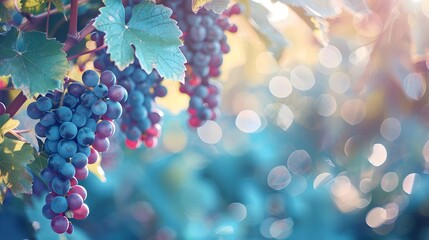 Beautiful natural background border with fresh juicy foliage of wild grapes and defocused bokeh outdoors in nature, panorama, copy space.