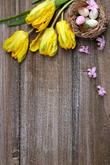 Easter composition with nest and eggs, yellow tulips and hyacinth.
