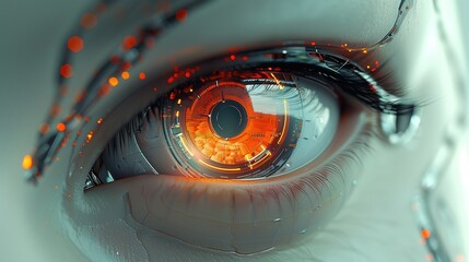 Cybernetic Vision: Close-Up of Human/Robot AI Eye