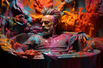 A man full of paint in a bath of colored paint