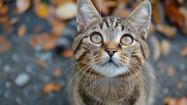 Curious Tabby Cat Among Autumn Leaves, Look Up At Camera