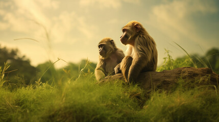 two monkey  on a meadow