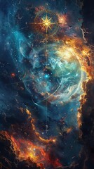 Fototapeta premium An abstract illustration with a compass and cloud and light effects representing inner guidance and turmoil. Seeking a new direction.