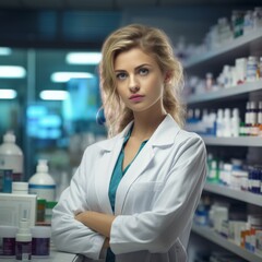 A woman in a white lab coat stands in front of a pharmacy shelf