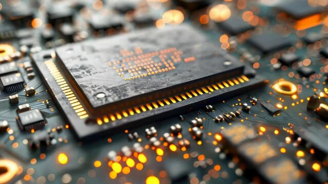 Computer futuristic high tech circuit board with microcircuits and electronic chips with transistors and resistors