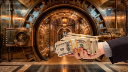 Man Handing Stacks of Thousands of Dollars with Giant Vault In Background. - obrazy, fototapety, plakaty