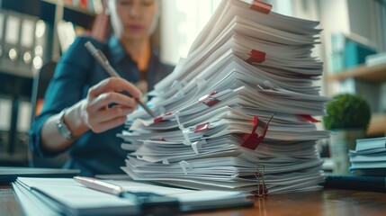 Businesswoman hands working in Stacks of paper files for searching information on work desk in office, business report papers. Created with Generative Ai