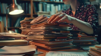 Businesswoman hands working in Stacks of paper files for searching information on work desk in office, business report papers. Created with Generative Ai