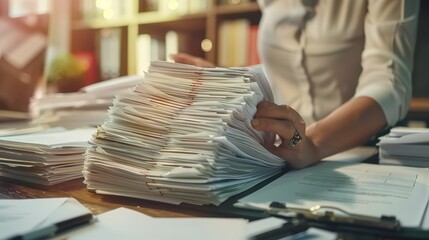 Businesswoman hands working in Stacks of paper files for searching information on work desk in office, business report papers. Created with Generative Ai