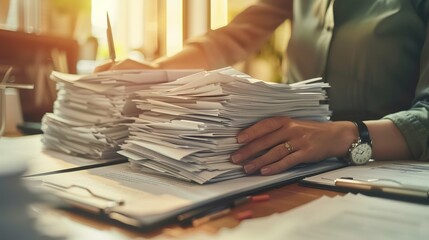 Businesswoman hands working in Stacks of paper files for searching information on work desk in office, business report papers. Created with Generative Ai