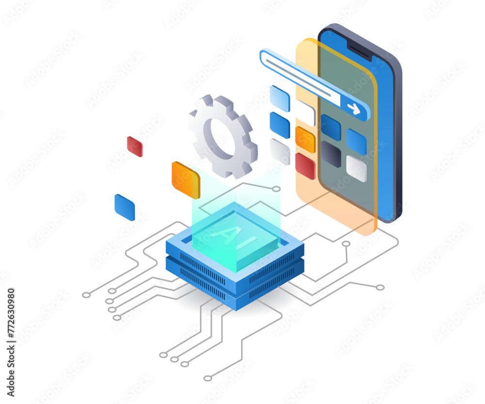 Poster The process of creating a smartphone application with artificial intelligence, flat isometric 3d illustration