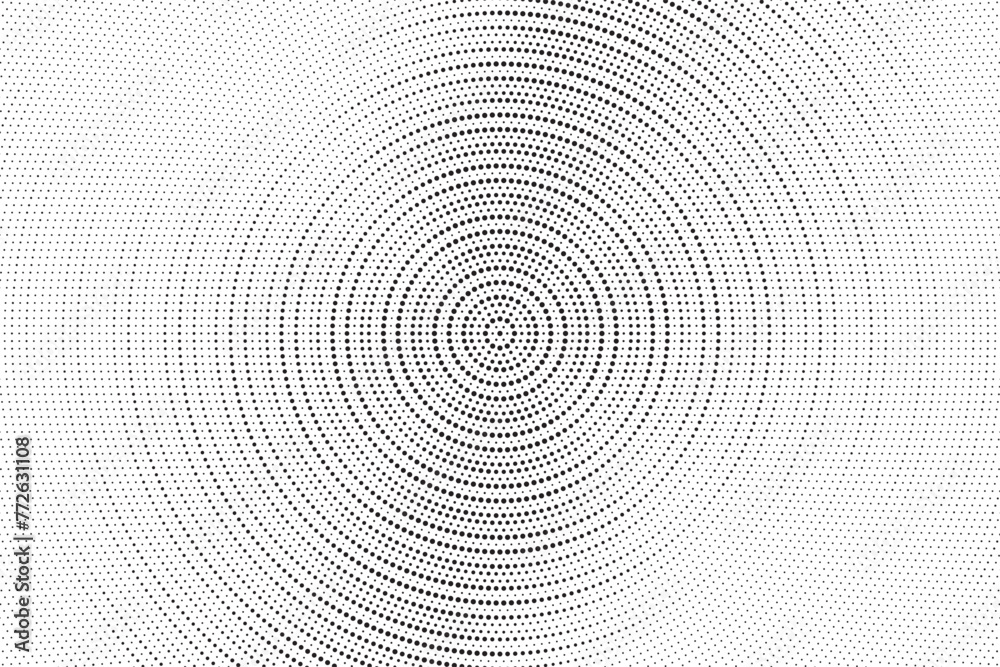 Aufkleber Radial halftone gradient background. Dotted concentric texture with fading effect. Black and white circle shade wallpaper. Grunge rough vector. Monochrome backdrop for various purpose.