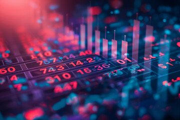 Abstract image of stock market data and charts with red and blue colors representing changes in value - obrazy, fototapety, plakaty