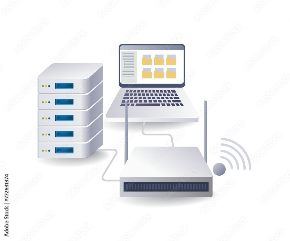Fototapete tathering system for computer network server concept, flat isometric 3d illustration