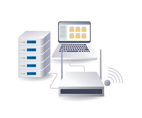 Tathering system for computer network server concept, flat isometric 3d illustration