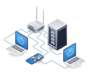 Tathering system for computer network server developer concept, flat isometric 3d illustration