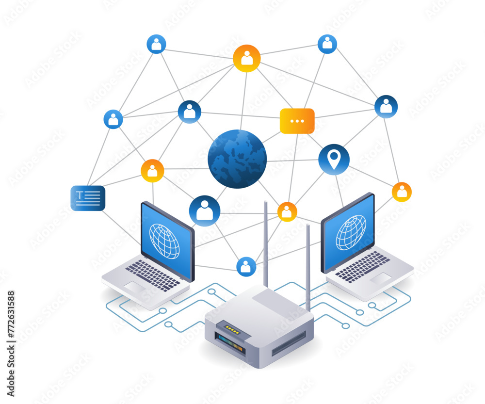 Poster world internet usage network concept, flat isometric 3d illustration