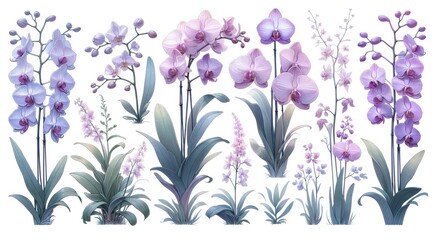 An elegant collection of various purple orchid species, Assorted Purple Orchid Illustrations on White,
delicately illustrated with a botanical art style on a clean white background.
