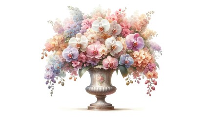 Classic Urn Overflowing with Pastel Flowers Illustration
,A classical urn brimming with an abundance of pastel flowers, creating a lush and romantic illustration of floral elegance.
