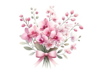 Fototapeta na wymiar Pink Orchid Bouquet with Satin Bow Illustration , A delicate illustration of a pink orchid bouquet tied with a satin bow, capturing the essence of a gentle and elegant floral gift. 