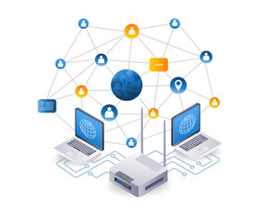 World internet usage network concept, flat isometric 3d illustration