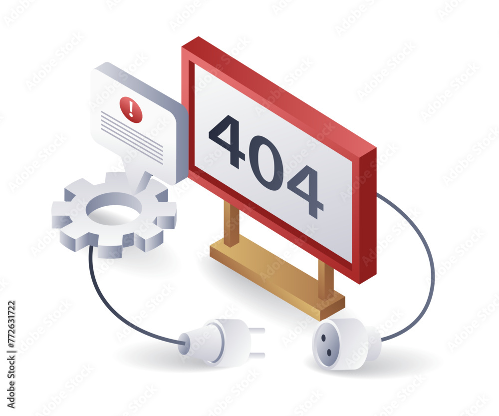 Poster warning error code 404, flat isometric 3d illustration