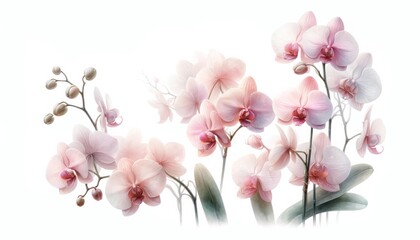 Translucent Pink Orchids Watercolor Illustration
, A delicate watercolor illustration portraying a spray of translucent pink orchids, with a dreamy and ethereal quality to their soft petals.
