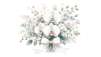 White Orchid Bouquet with Soft Pastel Tones
, A delicate watercolor bouquet of white orchids with pastel floral accents, tied with an elegant white ribbon, conveys pure and classic beauty.
