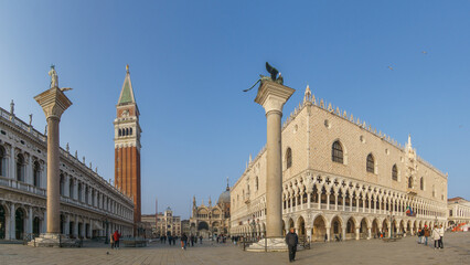 Panorama of Piazza San Marco with Doge's Palace and Campanile on a sunny winter day, Venice,...