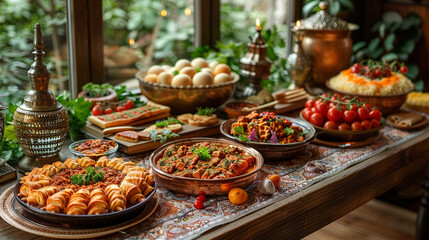 Fototapeta na wymiar An exquisitely adorned Eid table, complete with festive fare and décor, ready to celebrate.